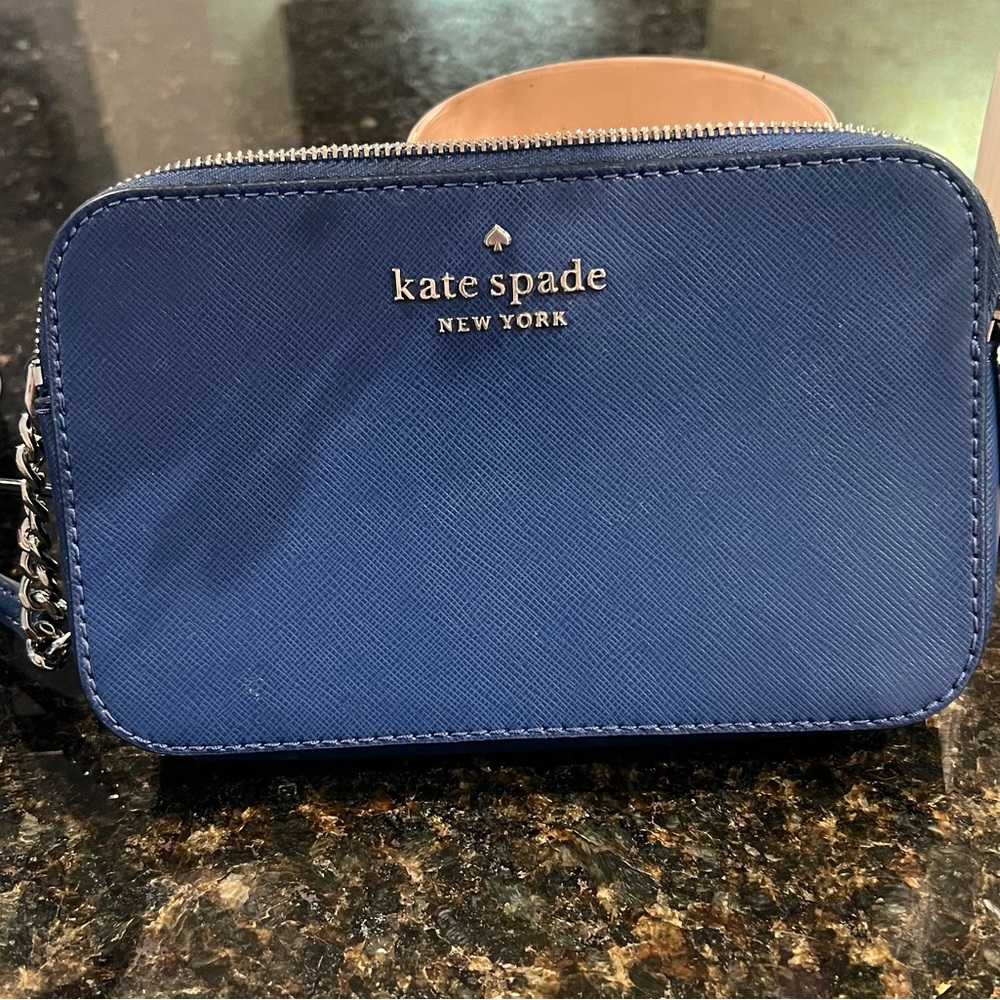 Kate Spade Blue Leather Crossbody Bag with Chain Detail